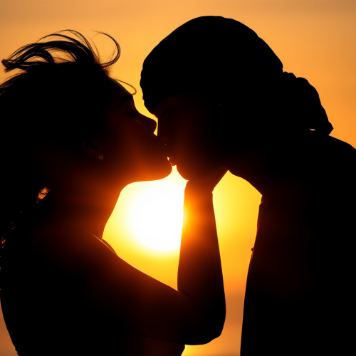 A couple kissing on beach at sunset silhouette.
