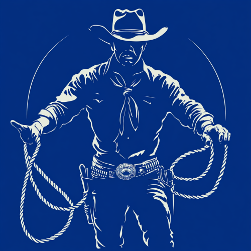 A cowboy logo with lasso in hand