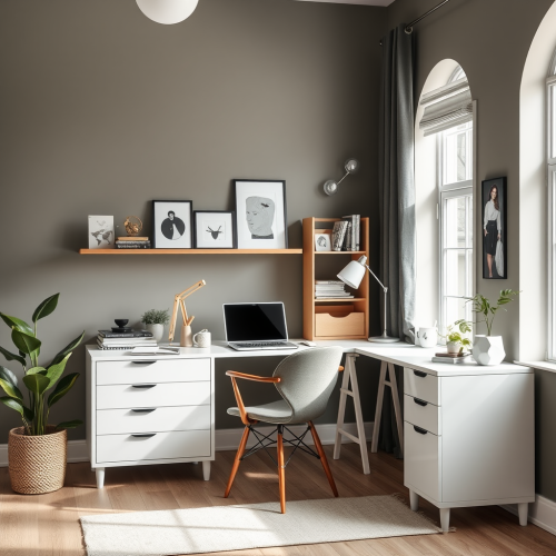 A cozy Scandinavian home office with plants.