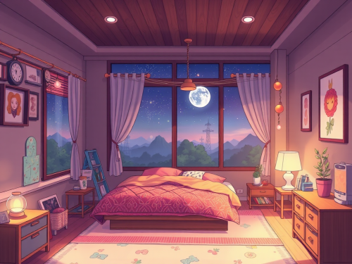 A cozy anime bedroom with colorful decorations. A cozy anime bedroom with colorful decorations.