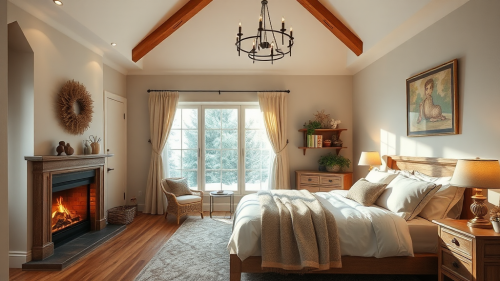 A cozy bedroom with high ceiling and fireplace.