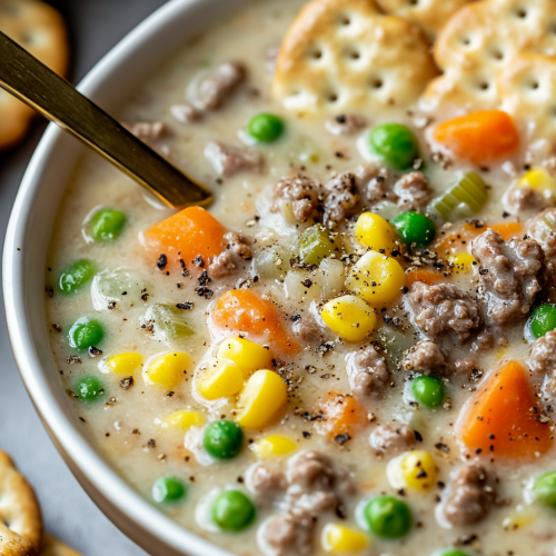 A cozy bowl of creamy vegetable soup with beef