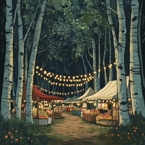 A cozy farmers' market in a birch grove