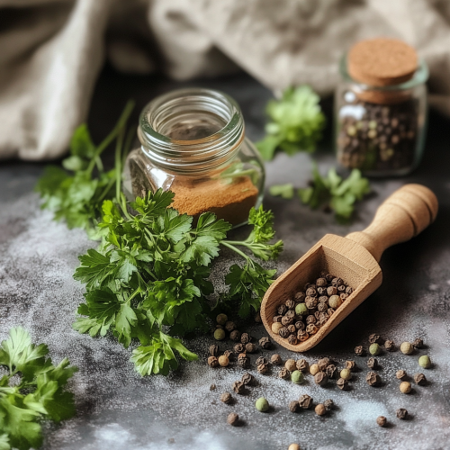 A cozy kitchen corner with herbs and spices
