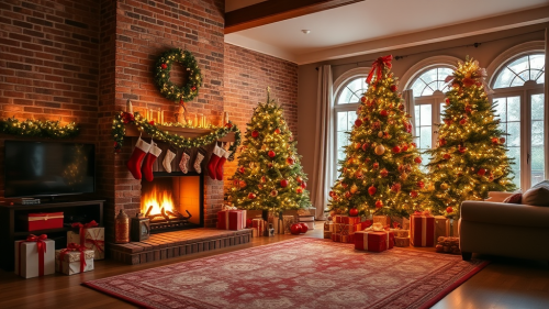 A cozy living room with a lit fireplace.