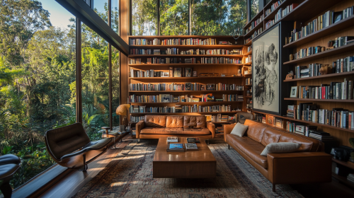 A cozy living room with books, art and nature. A cozy living room with books, art and nature.
