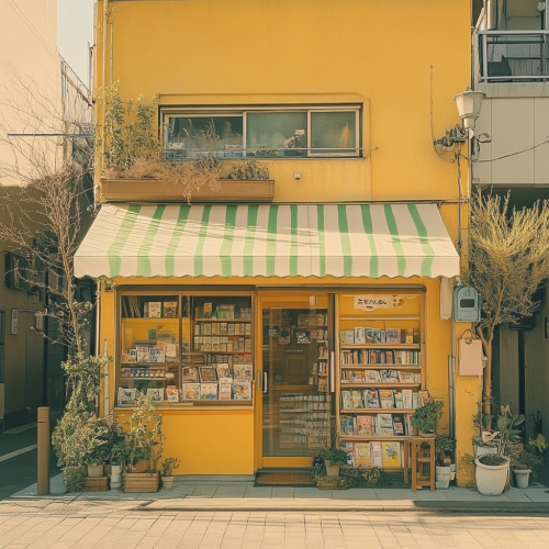 A cozy yellow bookstore with plants and awning