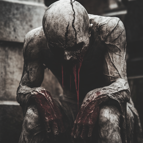 A creepy marble statue with red cracks