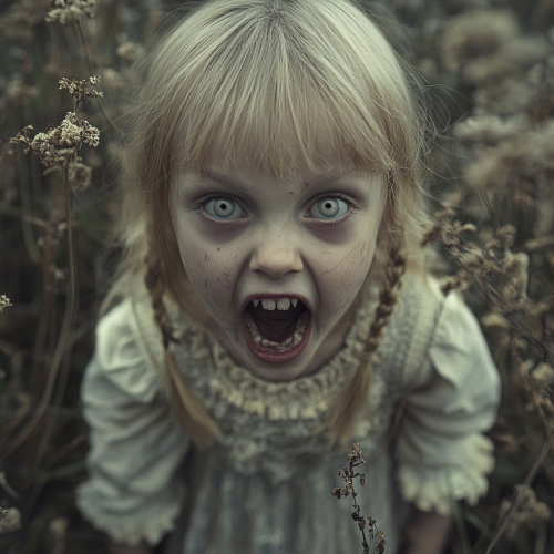 A creepy pale zombie scares little blond girl