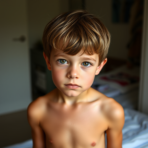 A cute 13-year-old boy standing shyly.