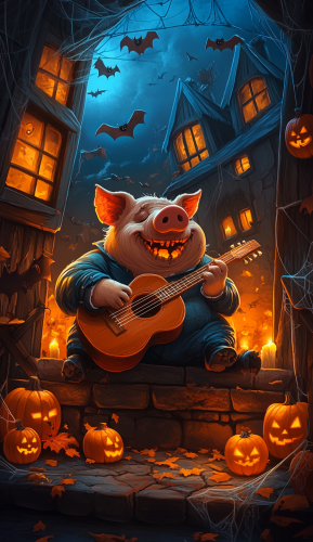 A cute Halloween zombie pig plays guitar