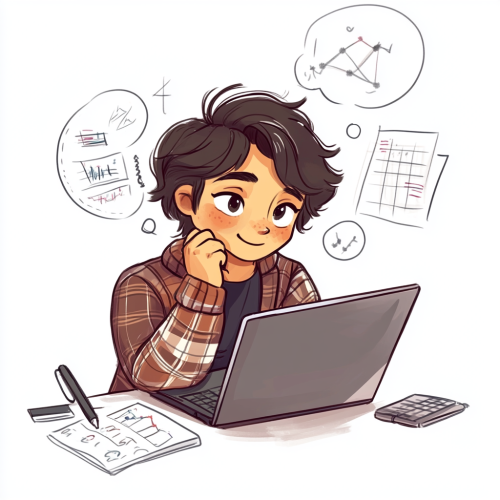 A cute adult doing e-learning with graphs.