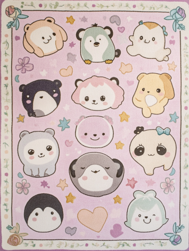 A cute animal-themed carpet with playful floral borders