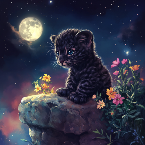 A cute black leopard cub under the moon