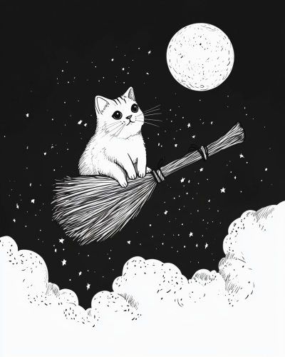 A cute cat on a witch broom flying