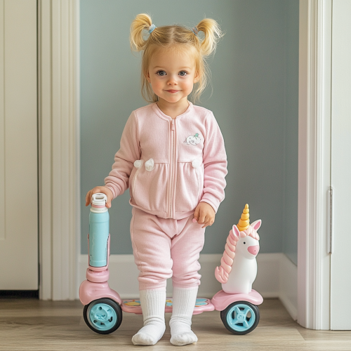 A cute girl in pink pajamas with pigtails