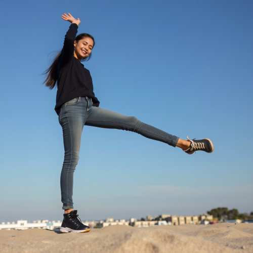 A cute girl strikes a dynamic pose.