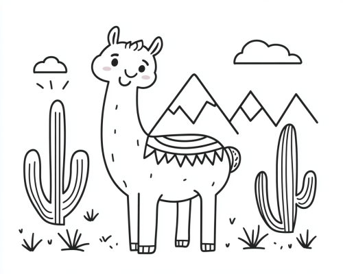 A cute llama in Mexican landscape coloring page