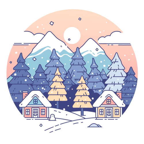 A cute old snowy village with Christmas trees
