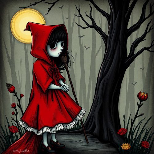 A dark Tim Burton style Little Red Riding Hood.