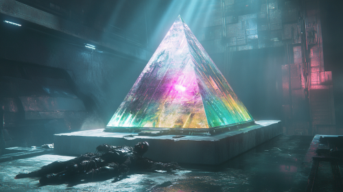 A dead cyborg ape on floating cyberpunk platform