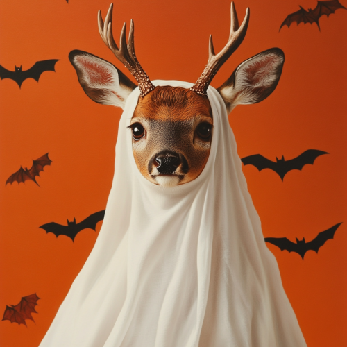 A deer in a ghost costume with bats