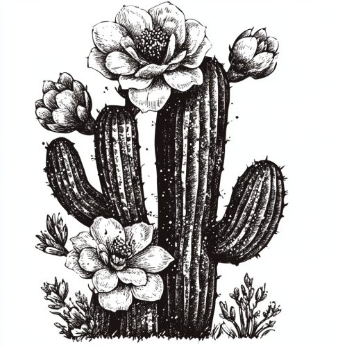 A delicate, feminine cactus illustration in black ink