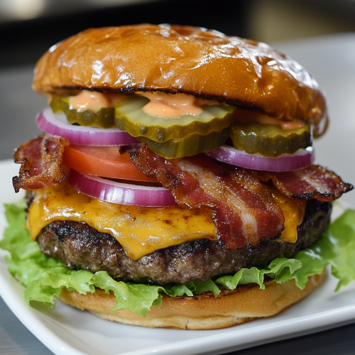 A delicious classic burger with cheese and bacon