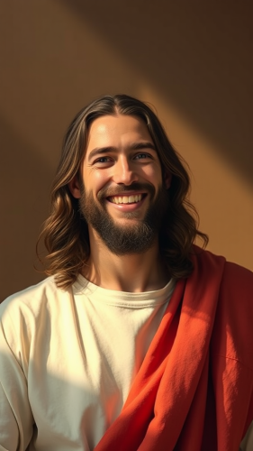 A detailed, joyful portrait of Jesus in soft lighting.