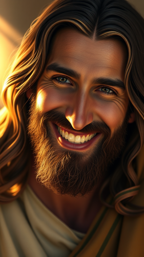 A detailed and joyful portrait of Jesus.