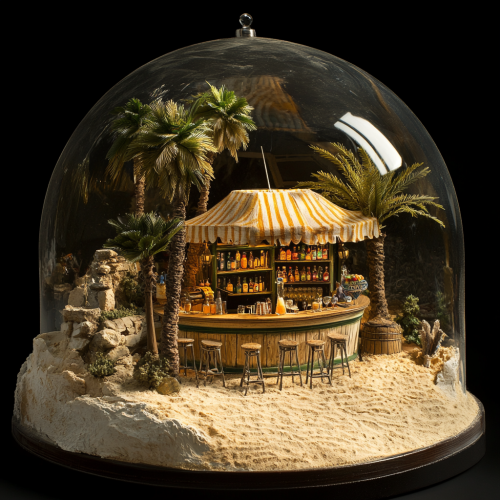 A detailed beach bar diorama under glass dome.