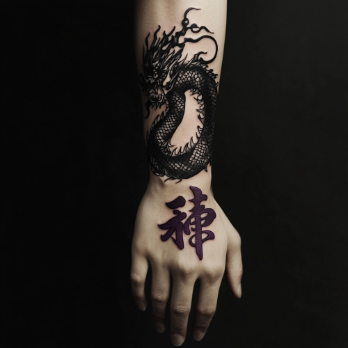 A detailed black fire dragon tattoo with Chinese characters