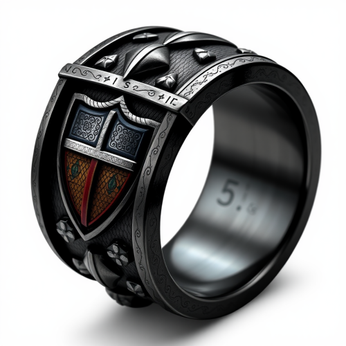 A detailed dark metal ring with shield design.