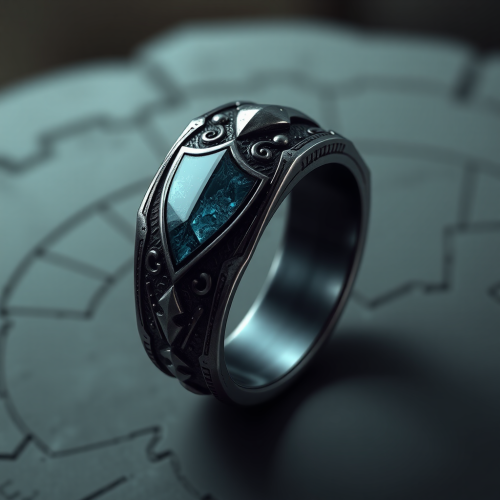 A detailed dark metal ring with shield design.