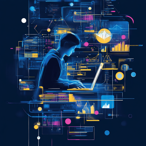 A determined coder working on laptop surrounded by tech challenges.