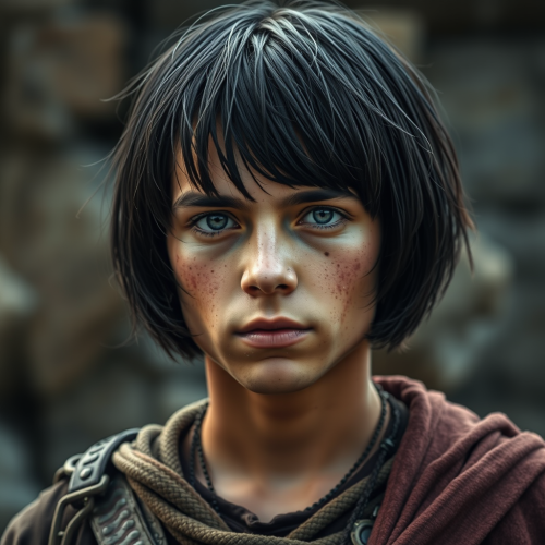 A dirty faced medieval teen with bob haircut.