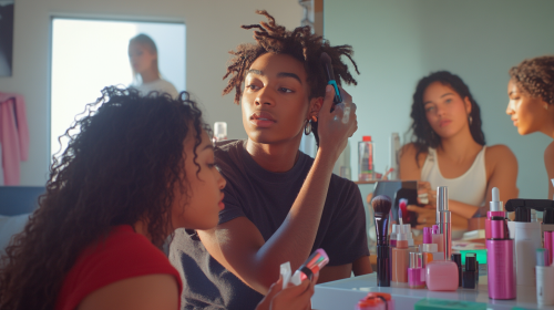 A diverse group of Gen Z doing beauty routines.