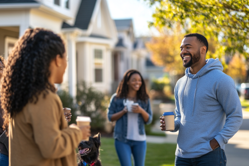 A diverse neighborhood filled with happy residents