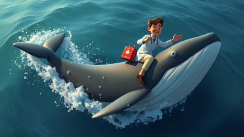 A doctor rides whale with first aid kit.