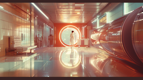 A doctor steps through portal from old to new