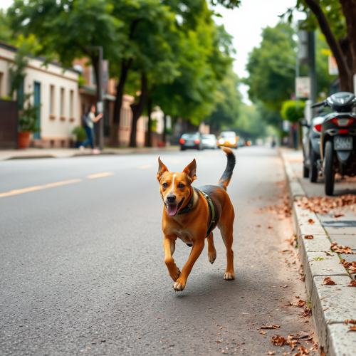 A dog running on the street.