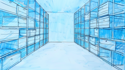 A drawing of a cabinet with many drawers.