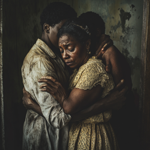 A family in old house hugging
