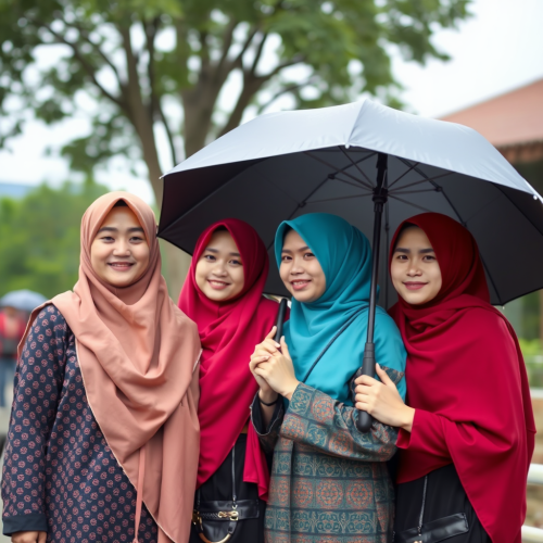A family wearing hijab under an umbrella.