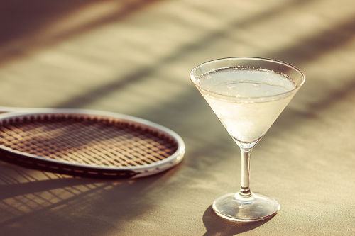 A fancy martini on tennis racket in retro-chic court