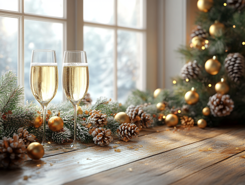 A fancy table with glasses and Christmas decorations