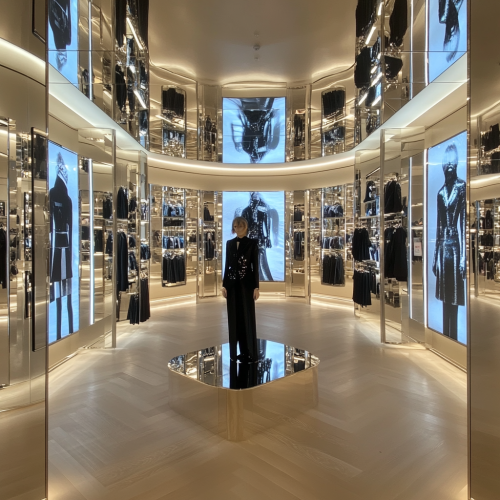 A fashion store with changing screen model display.