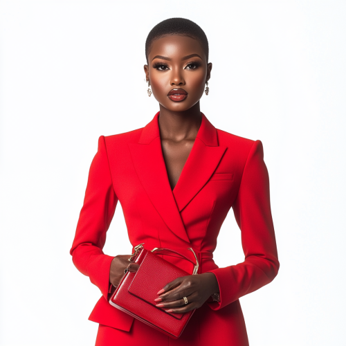 A fashionable black woman in red suit poses confidently