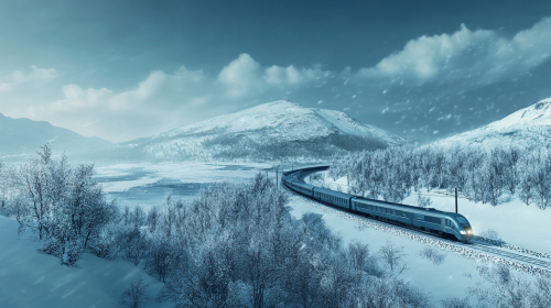 A fast train speeds through snowy Norway