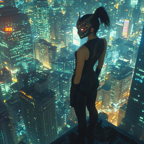 A female Asian superhero in dragon mask stands tall